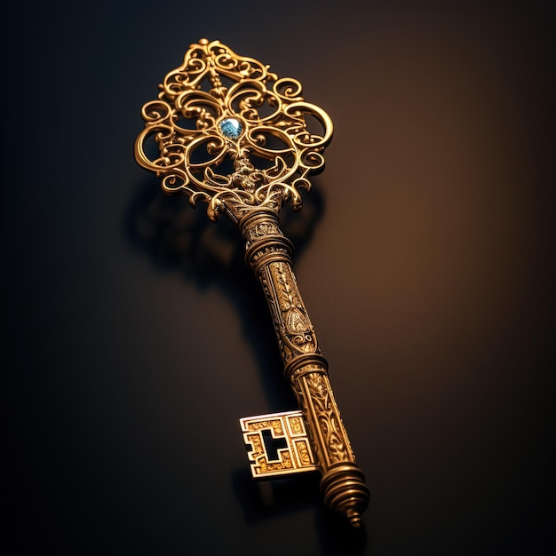 une épée dorée et noire avec un diamant bleu sur le dessus
