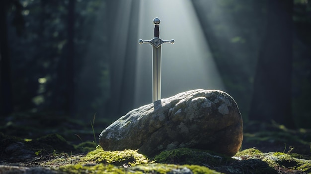 L'épée du roi Arthur Excalibur dans une pierre dans la forêt un rayon de lumière reflété sur l'épée