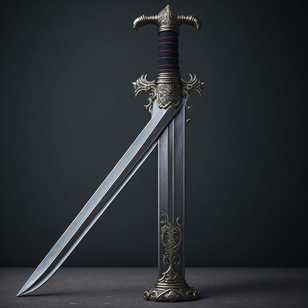 Une épée avec un motif décoratif sur le devant et la lame a un motif rouge et bleu.