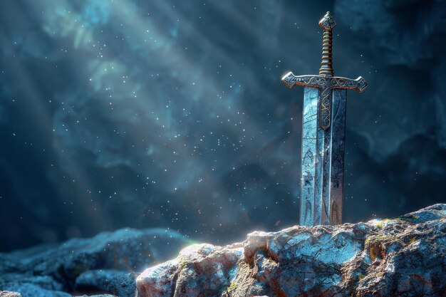Photo une épée se tient sur une montagne rocheuse