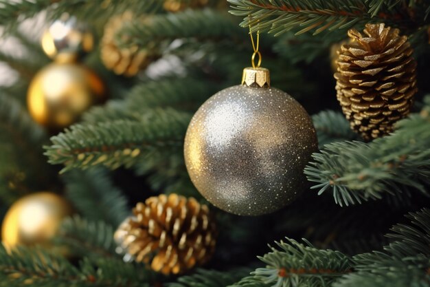 L'épicéa avec des boules de décoration dorées de Noël