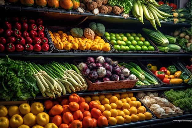 Une épicerie avec une étagère pleine de légumes et de fruits.