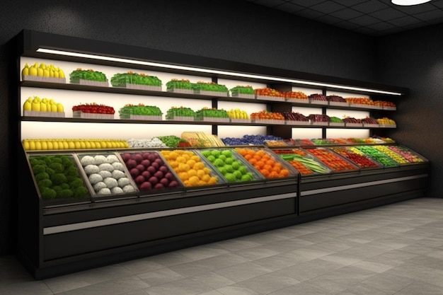 Une épicerie avec un étalage de fruits et légumes.