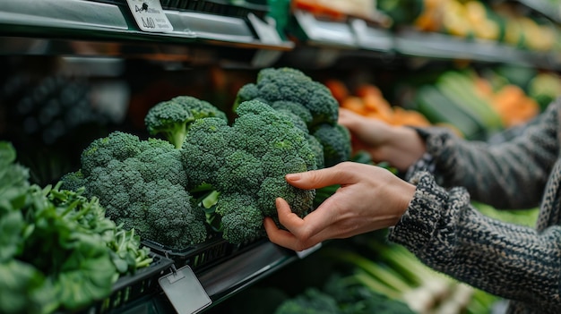 Une épicerie avec des mains sélectionnant des brocolis frais de l'allée des produits