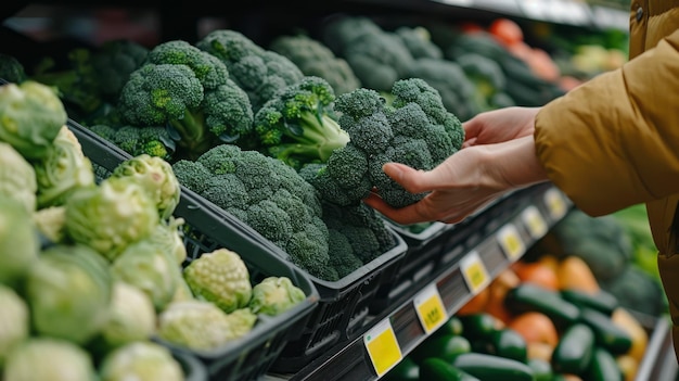 Une épicerie avec des mains sélectionnant des brocolis frais de l'allée des produits