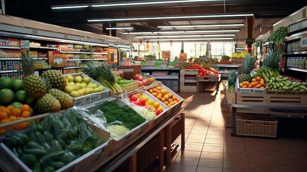 une épicerie avec une variété de légumes, y compris des concombres de brocoli et d'autres fruits