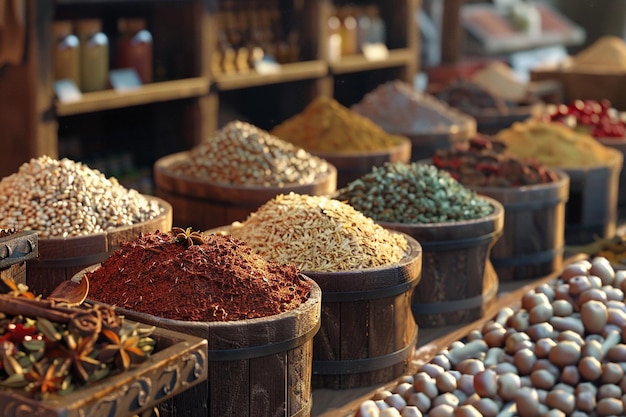 Des épices aromatiques disposées dans un stand de marché