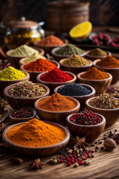 Photo des épices colorées sur une table en bois