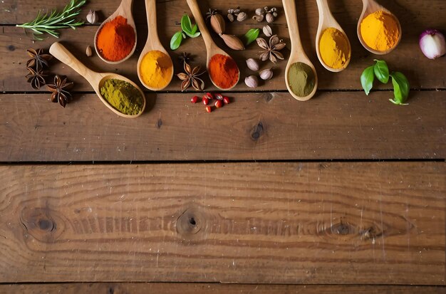 Photo des épices colorées sur une table en bois