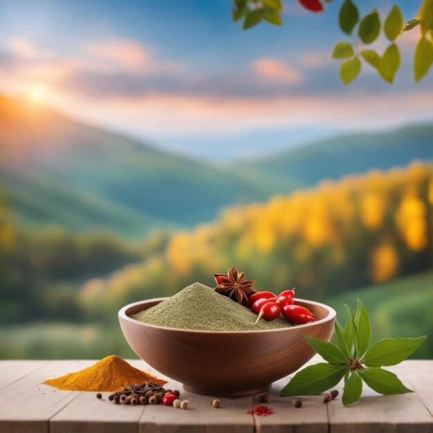 Photo Épices dans un bol sur la table floue fond de belle nature