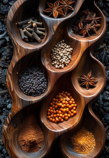 Des épices dans une cuillère en bois Une application gratuite pour les épices et les huiles aromatiques