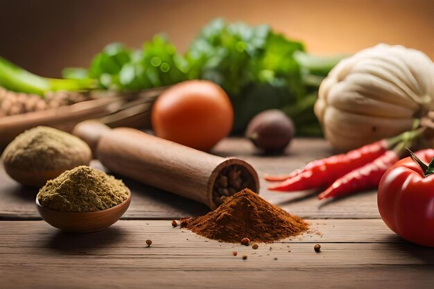 épices sur une table en bois avec légumes et épices