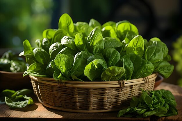 épinards sur panier derrière fond vert flou concept de nourriture végétalienne