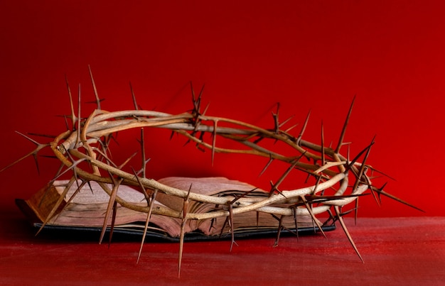 Épines de la couronne et vieille bible ou livre sur fond rouge, espace de copie.