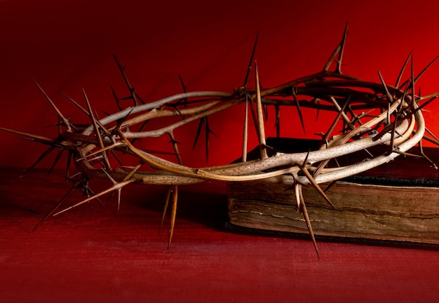 Épines de la couronne et vieille bible ou livre sur fond rouge, espace de copie.