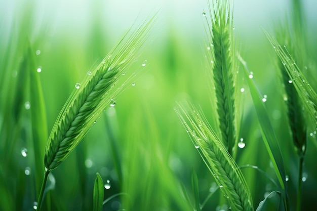 Des épines vertes d'un champ de blé après la pluie.