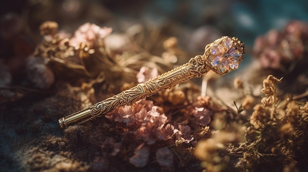 Une épingle à cheveux dorée avec une fleur rose dessus