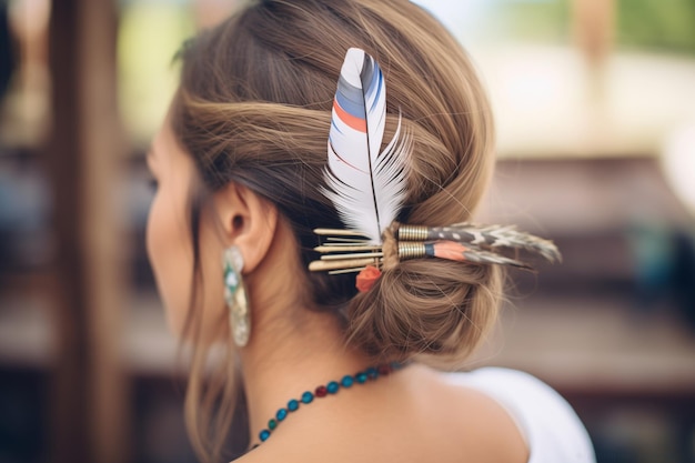 Une épingle à cheveux avec des plumes coincées dans une coiffure bohémienne