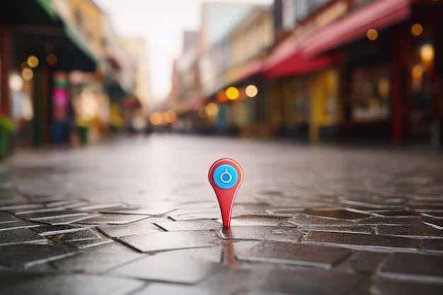 Photo Épingle de localisation au milieu d'une rue commerçante épingle gps dans une rue avec des magasins et un arrière-plan flou ai