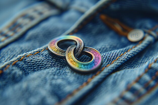 Photo une épingle métallique de couleur arc-en-ciel sur une paire de jeans bleus ia générative