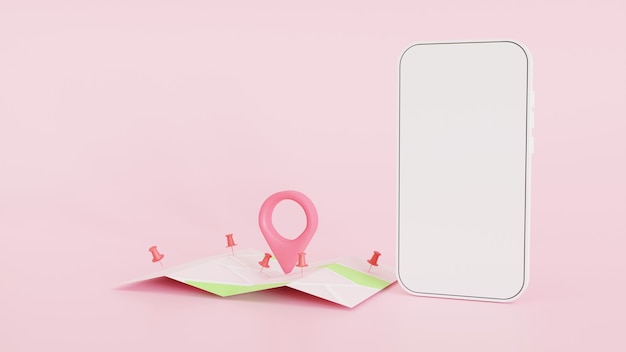 Épingles de la carte 3D, GPS, points de vérification des épingles de navigation et maquette de smartphone. Le concept Déploiement pour le service de livraison. illustration de rendu 3D