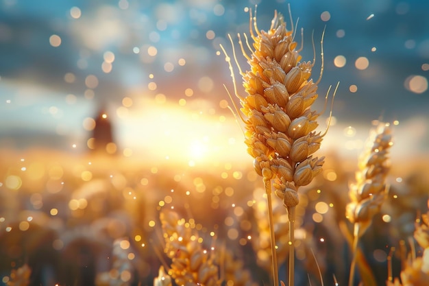 Des épis de blé doré en gros plan Un magnifique paysage naturel au coucher du soleil Un champ de blé