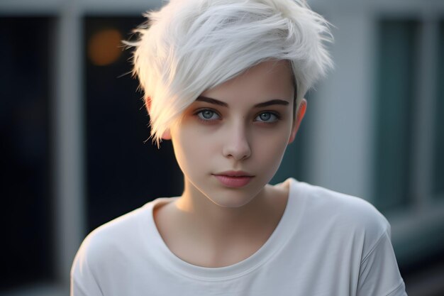 Photo une époustouflante femme blonde aux cheveux blancs et aux yeux bleus pose pour un portrait captivant.