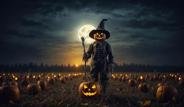 Épouvantail de citrouille d'Halloween sur un large champ avec la lune