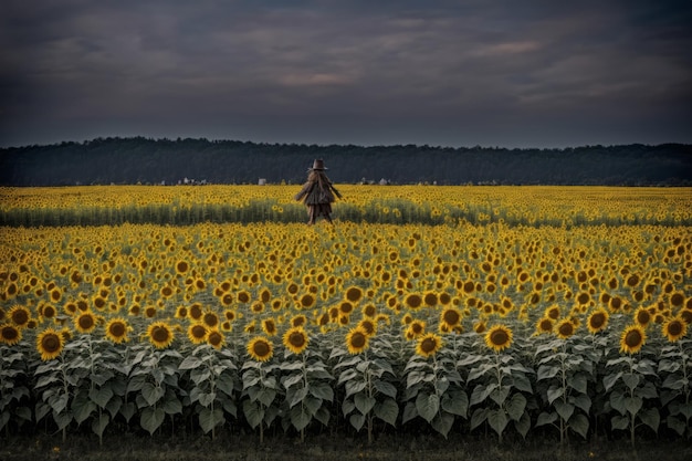 Photo l'épouvantail dans un champ de tournesols