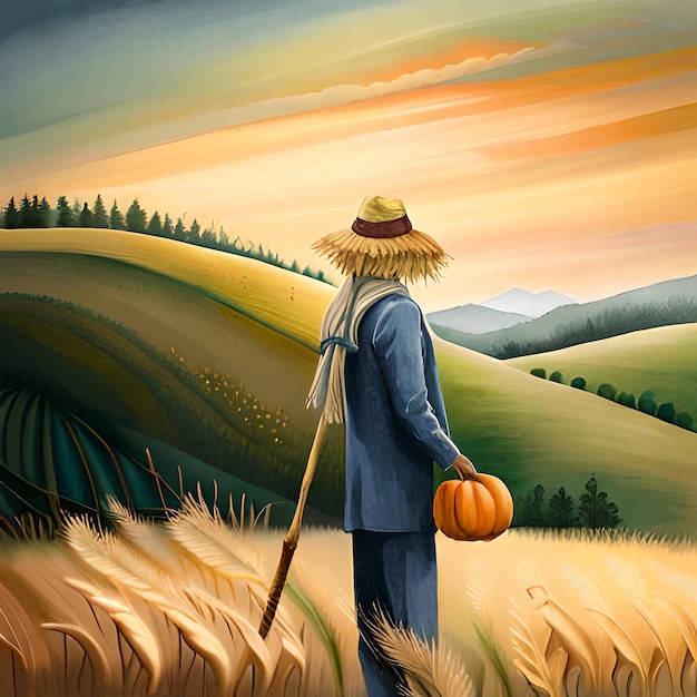 épouvantail à tête de citrouille dans un style aquarelle de champ de blé