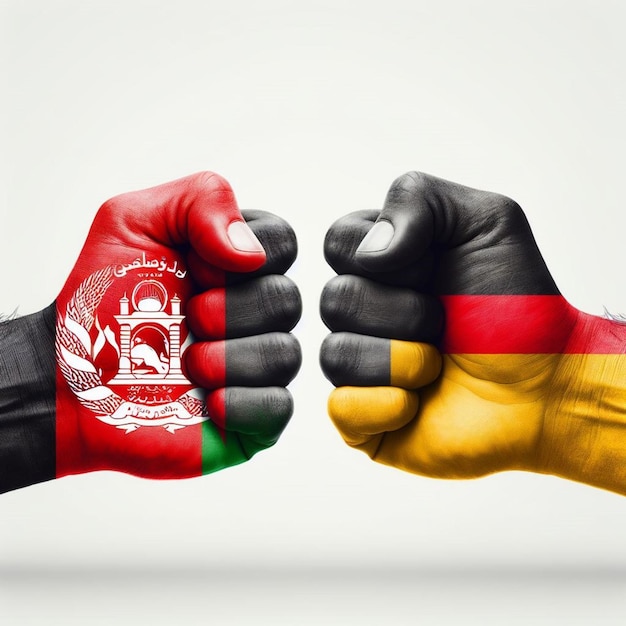 Photo Épreuve symbolique des mains du drapeau afghan contre ougandais en compétition visuelle