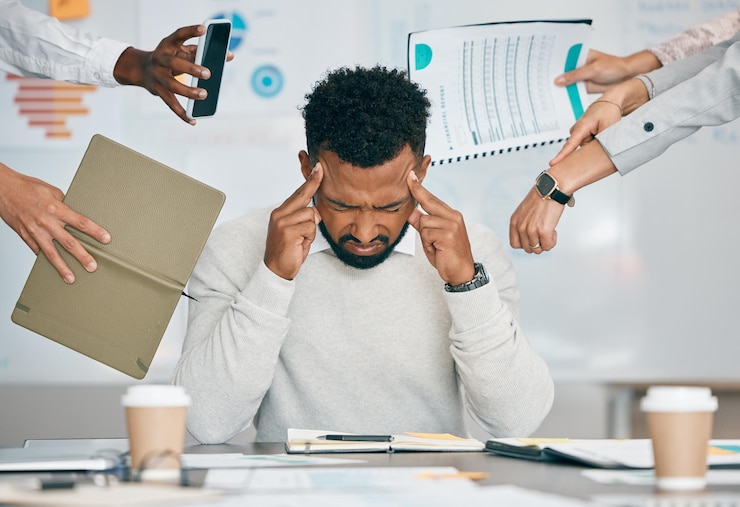 Photo épuisement de stress et homme noir fatigué souffrant de maux de tête frustrés ou submergés par des collègues sur le lieu de travail santé mentale surmenée et anxiété d'un travailleur épuisé multitâche au bureau