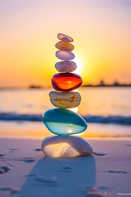 Photo l'équilibre des pierres colorées sur la plage au lever du soleil