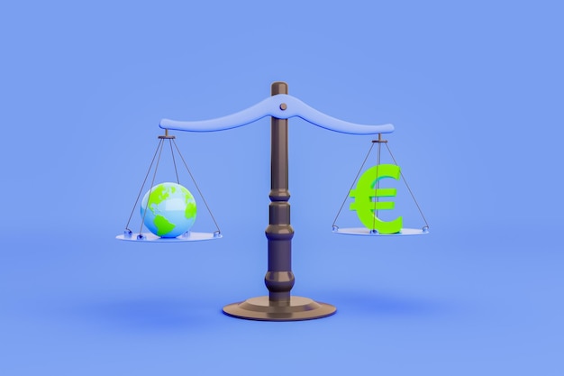 équilibre avec la terre et le symbole de l'euro en équilibre
