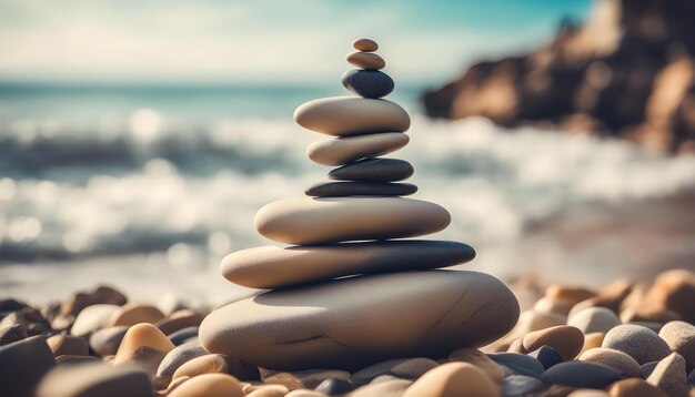 Photo Équilibrer les pierres les cailloux empiler la pyramide pour la méditation de relaxation avec les vagues de la mer ou de l'océan