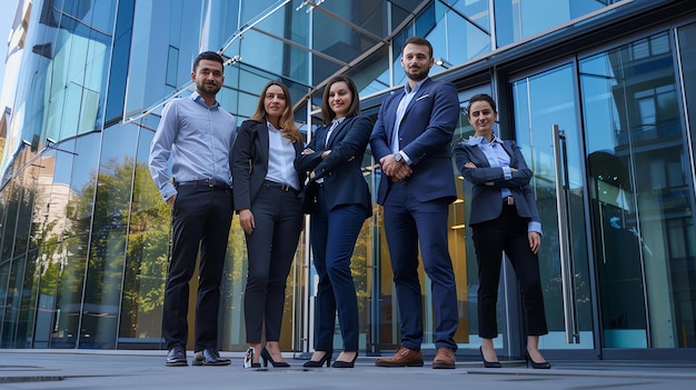 Une équipe d'affaires confiante debout ensemble devant un immeuble de bureaux moderne