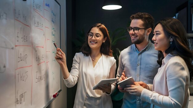 Une équipe d'affaires heureuse coopérant tout en analysant leurs progrès commerciaux sur le tableau blanc au bureau