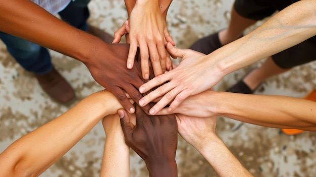 Une équipe d'affaires multiethnique debout en cercle avec les mains jointes symbolisant l'unité et le travail d'équipe