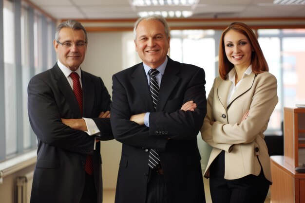 Une équipe d'affaires prospère se tient ensemble au bureau en souriant et en regardant la caméra.