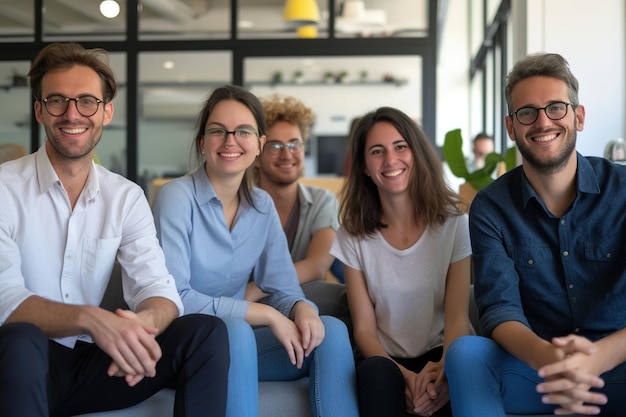 Une équipe d'affaires prospère souriante et assise ensemble dans un bureau de démarrage