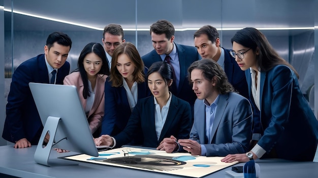 L'équipe d'affaires regarde ensemble la présentation du projet sur le bureau