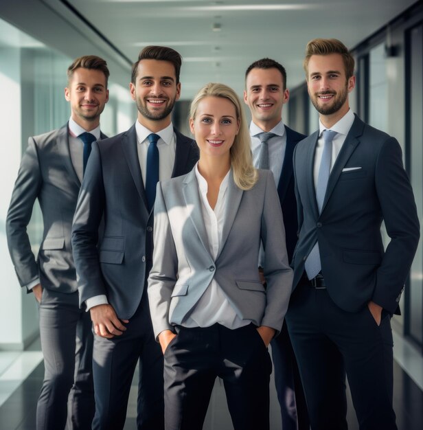 une équipe d'affaires souriante posant dans le bureau