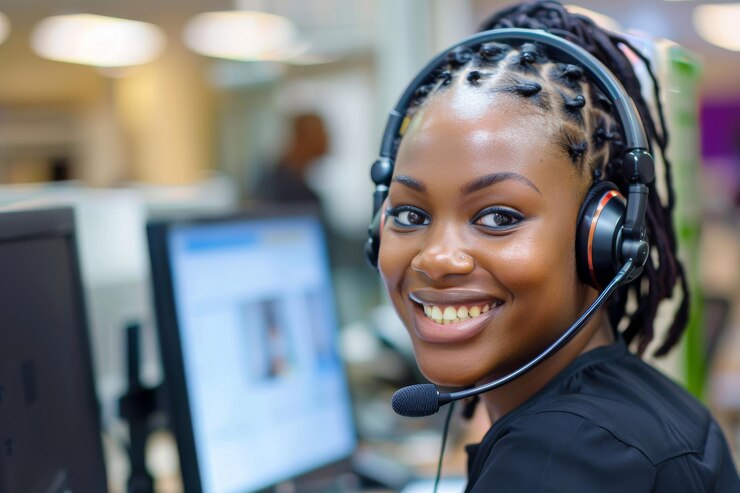 Une équipe d'agents de centre d'appels assistant activement les clients présentant une atmosphère de travail collaborative générée par l'IA