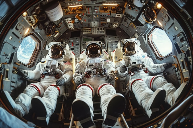 Une équipe d'astronautes dans le cockpit de la navette spatiale pendant une mission
