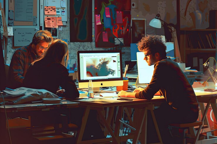 Photo équipe au bureau travail sur un projet de création
