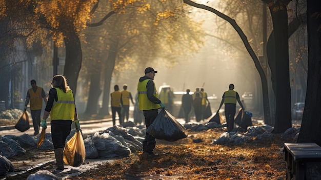 Photo Équipe de bénévoles avec des sacs poubelles nettoyant le parc les cochons de l'équipe de bénévoles aiment l'environnement