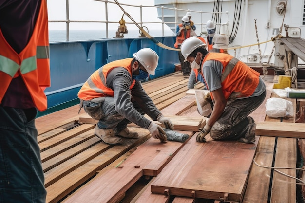 Une équipe de charpentiers et de constructeurs travaillant sur le pont d'un navire