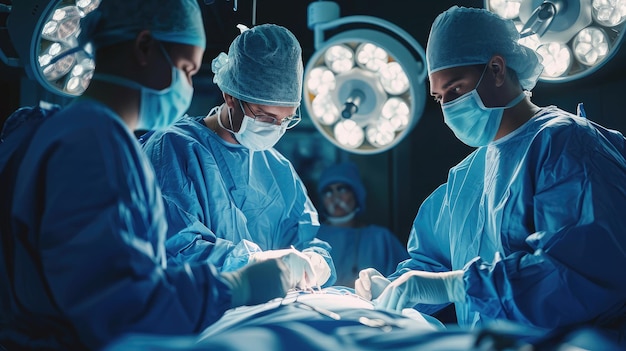 Une équipe chirurgicale concentrée opérant un patient dans une salle d'opération Un anesthésiste bien formé avec des années de formation avec des machines complexes suit le patient tout au long de l'opération