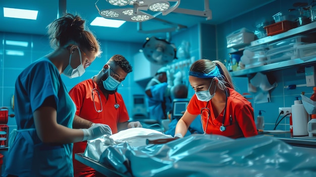 Photo une équipe de chirurgiens en peignoirs et masques effectue une opération dans une salle d'opération moderne d'un hôpital