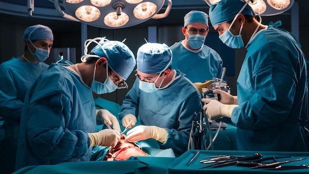 Photo Équipe de chirurgiens travaillant avec la surveillance du patient dans la salle d'opération chirurgicale